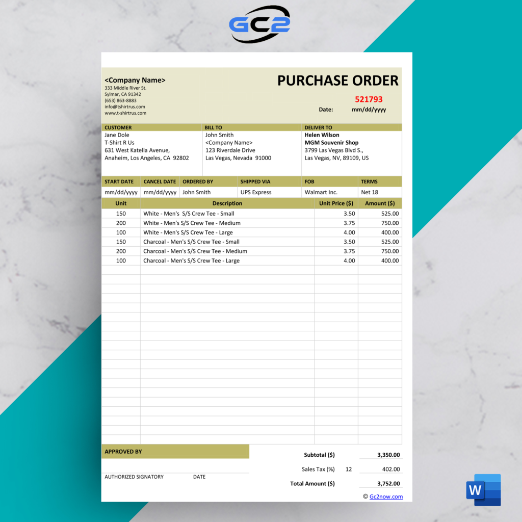 Fabric Purchase Order Template - Templates